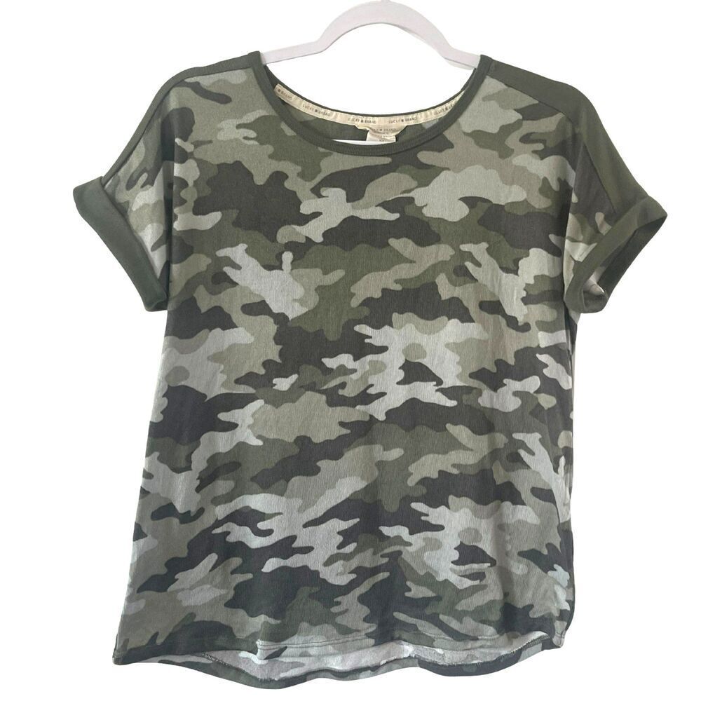 Lucky Brand Womens Casual Top Green Camo Short Sleeve Scoop Neck Stretch S
